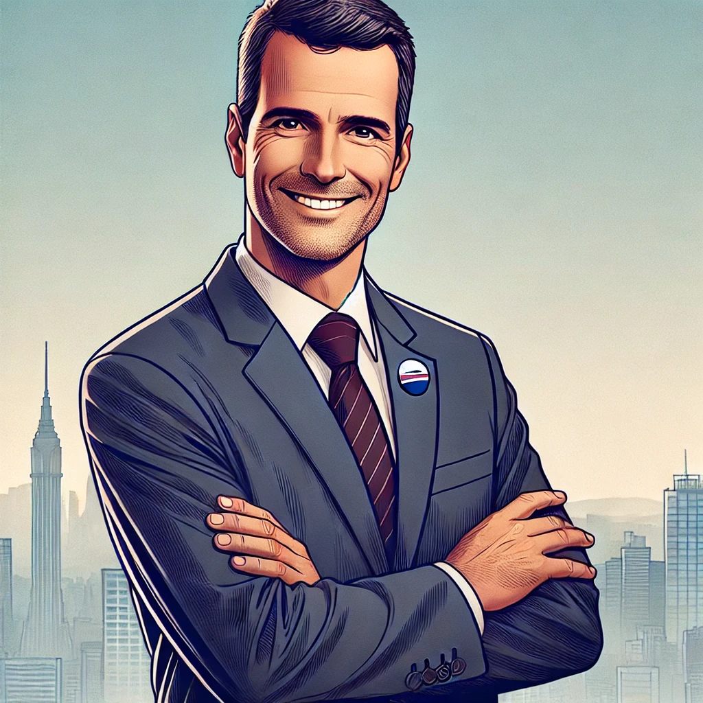 DALL·E 2024-08-01 19.03.50 - Create an image of a fictional political candidate named Luizinho Sobrinho. Luizinho is a middle-aged Brazilian man with a warm smile, wearing a forma