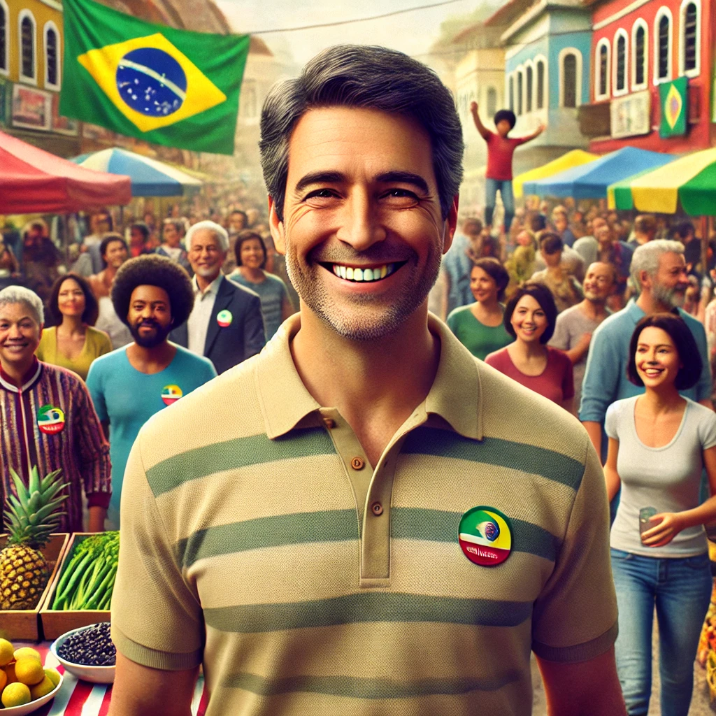 DALL·E 2024-08-01 19.11.51 - Create an image of a fictional political candidate named Luizinho Sobrinho in a populist setting. Luizinho is a middle-aged Brazilian man with a warm