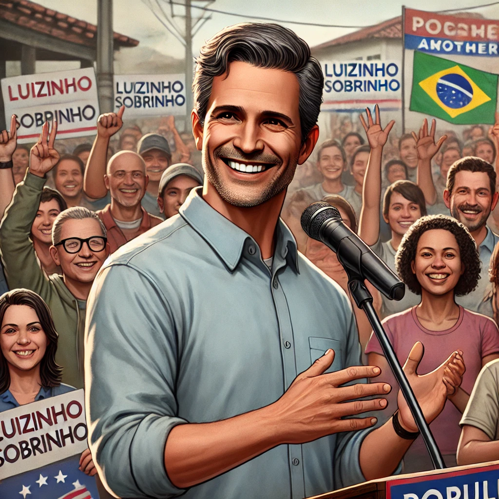 DALL·E 2024-08-01 19.11.57 - Create another image of a fictional political candidate named Luizinho Sobrinho in a populist setting. Luizinho is a middle-aged Brazilian man with a